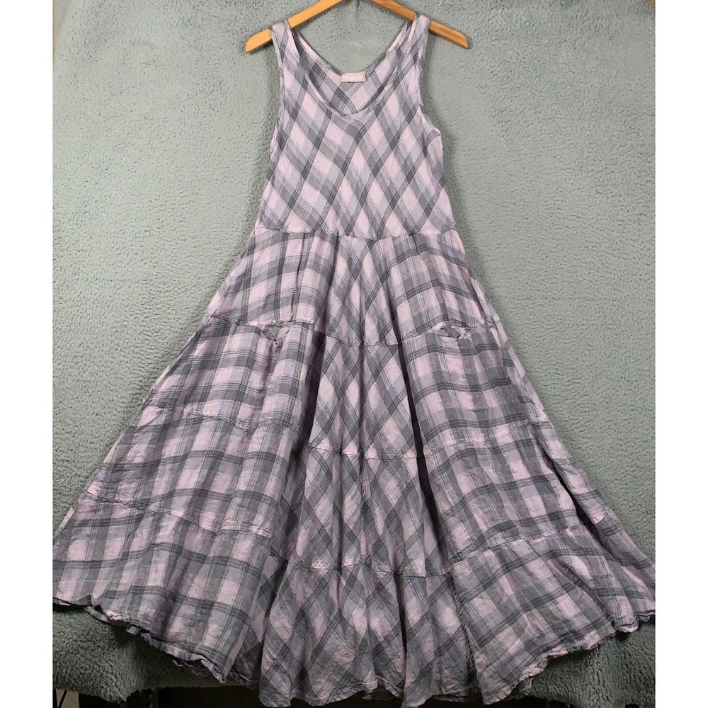 CP Shades Linen Dress Women's Medium M Pink Plaid Tiered Sleeveless Maxi Boho